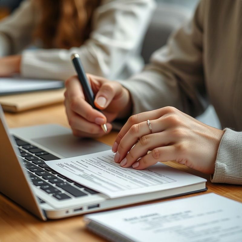 Студент работает с ноутбуком и конспектом